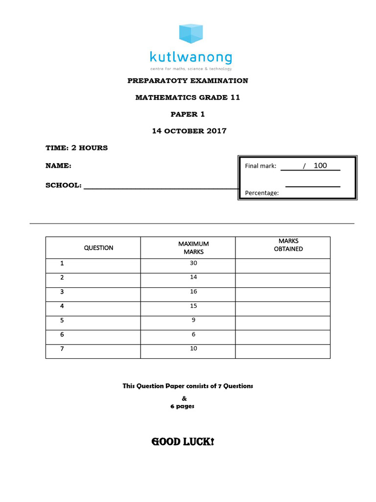Grade 11 Mathematics Exam Paper 1 | PDF | Cartesian Coordinate System ...