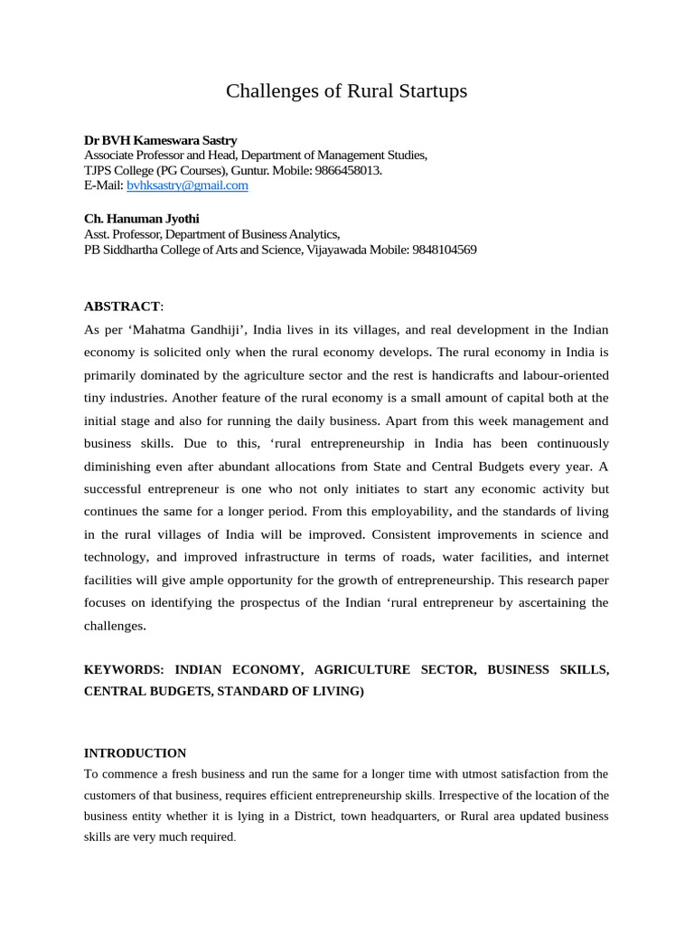 Challenges Facing Rural Entrepreneurs in India | PDF | Entrepreneurship ...