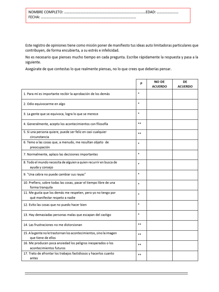 Test de Creencias Irracionales de Ellis | PDF