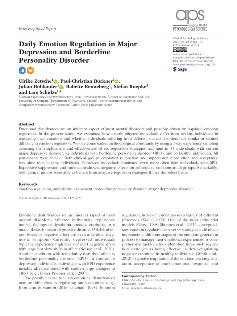 Emotion Regulation in MDD and BPD | PDF | Borderline Personality ...