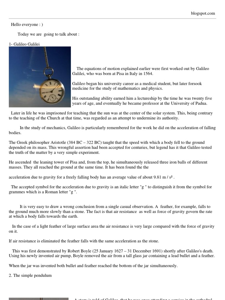 To Study Simple Pendulum Measurement of g Pendulum Galileo Galilei