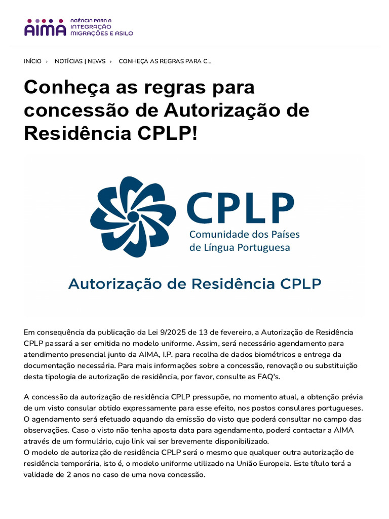 Conheça As Regras para Concessão de Autorização de Residência CPLP! | PDF