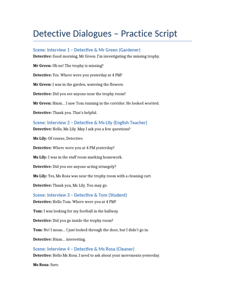 Detective Dialogue Script Class5 | PDF