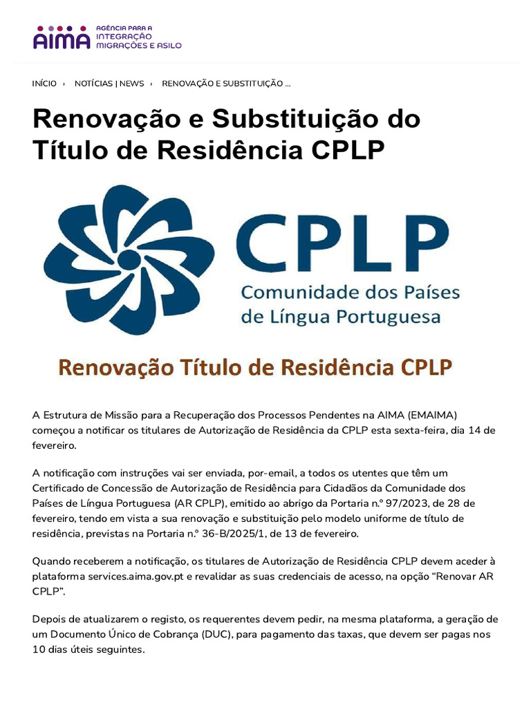 Renovação do Título de Residência CPLP | PDF