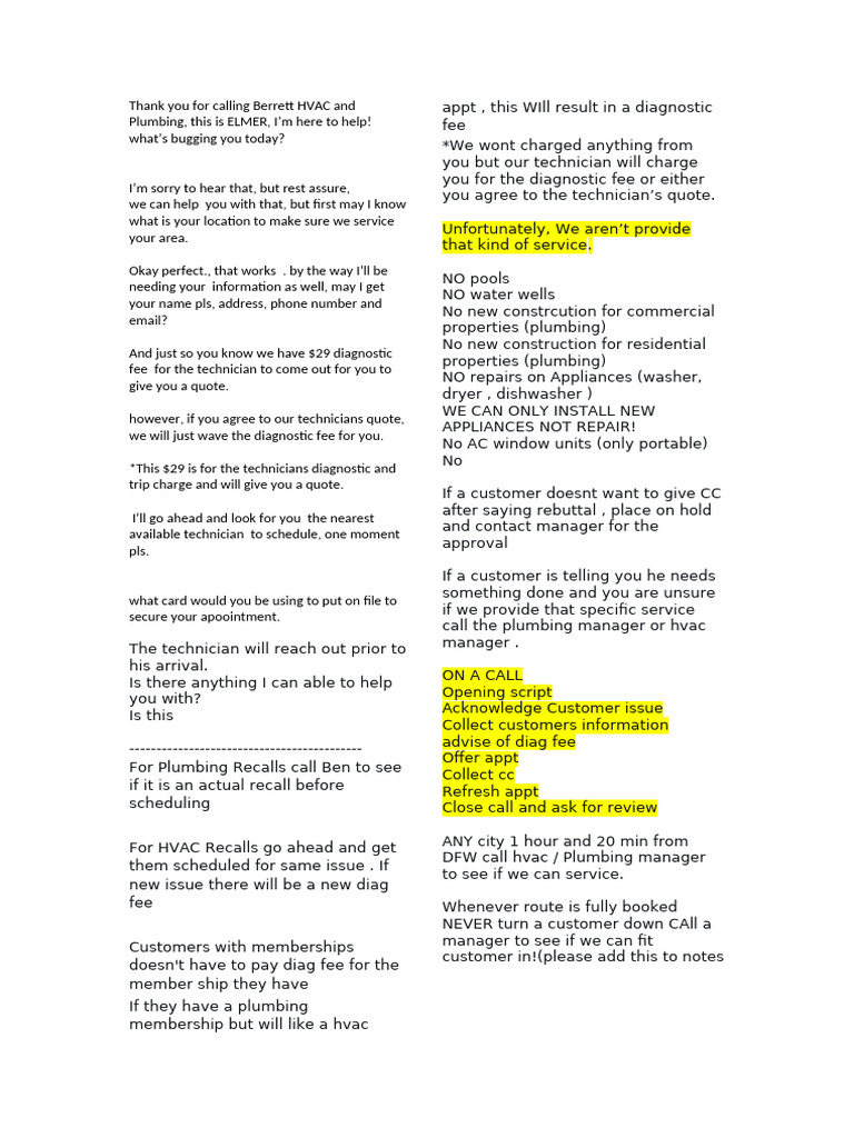 Plumbing and HVAC Call Center Script | PDF | Plumbing | Water Heating