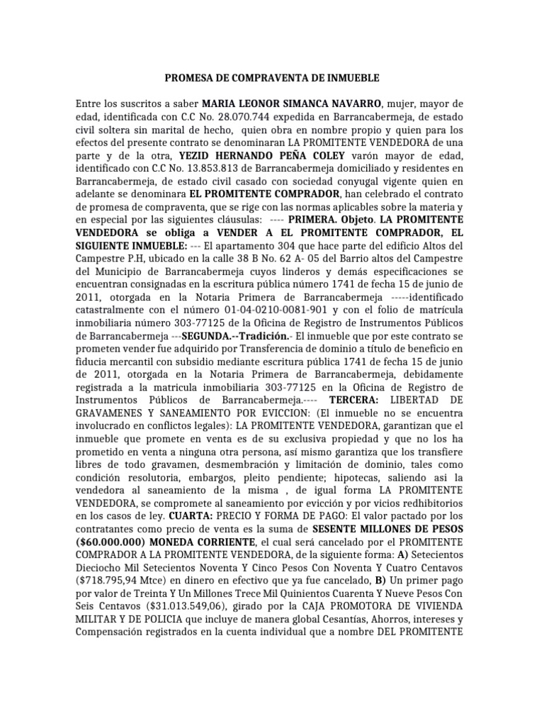 Promesa de Compraventa de Inmueble en Barrancabermeja | PDF | Ley común ...
