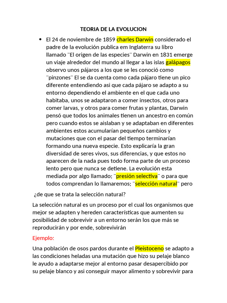 Teoría de la Evolución de Darwin | PDF | Evolución | Seleccion natural