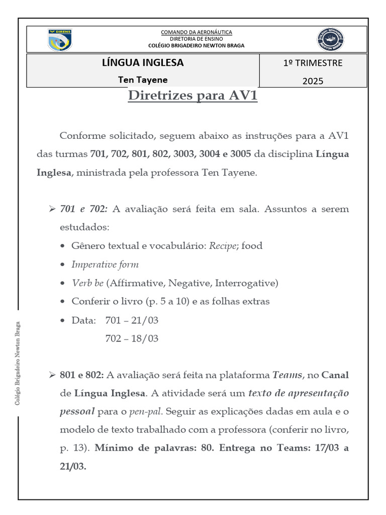Diretrizes AV1 Língua Inglesa 2025 | PDF