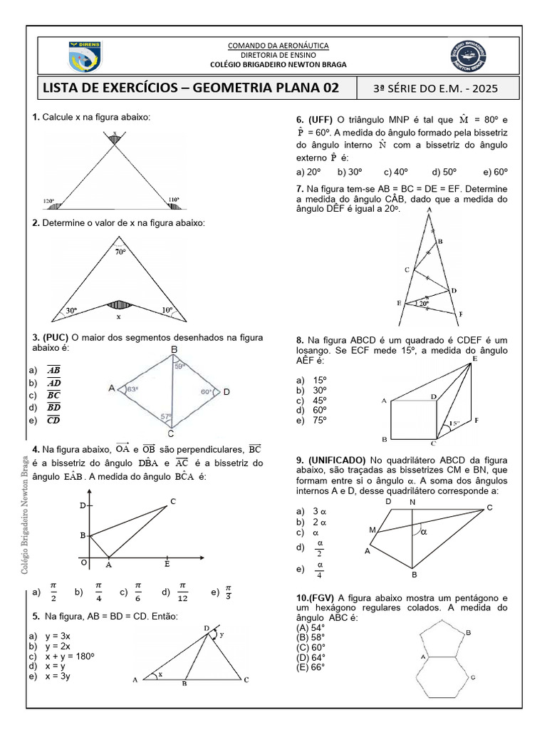 lista de exercícios 02 Geometria Plana 3a série 2025 | PDF | Geometria ...