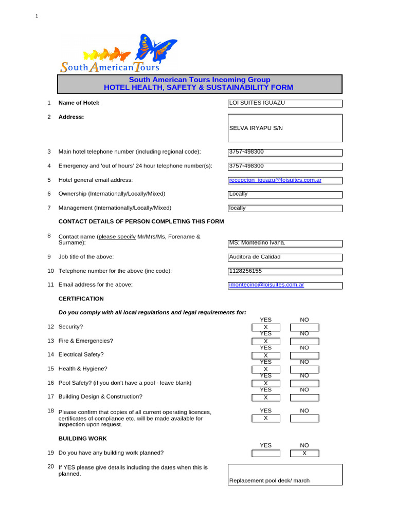 Hotel Form - Safety Health Sustainability Check List | PDF | Food ...