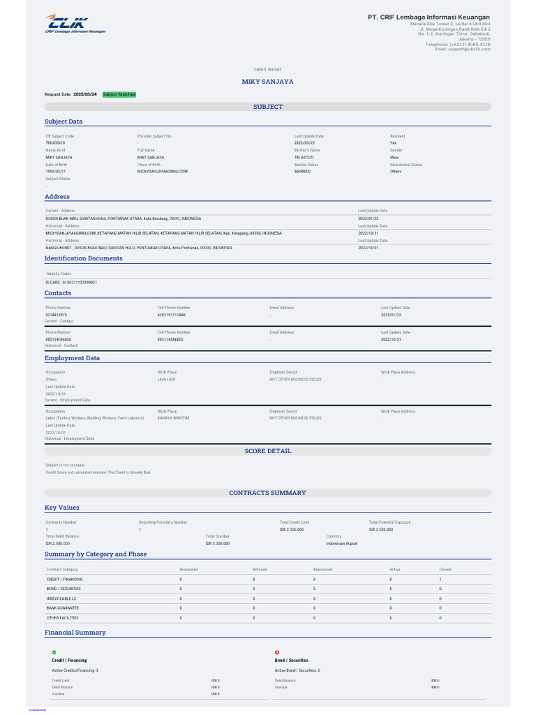 Credit Report for Miky Sanjaya | PDF | Indonesian Rupiah | Credit
