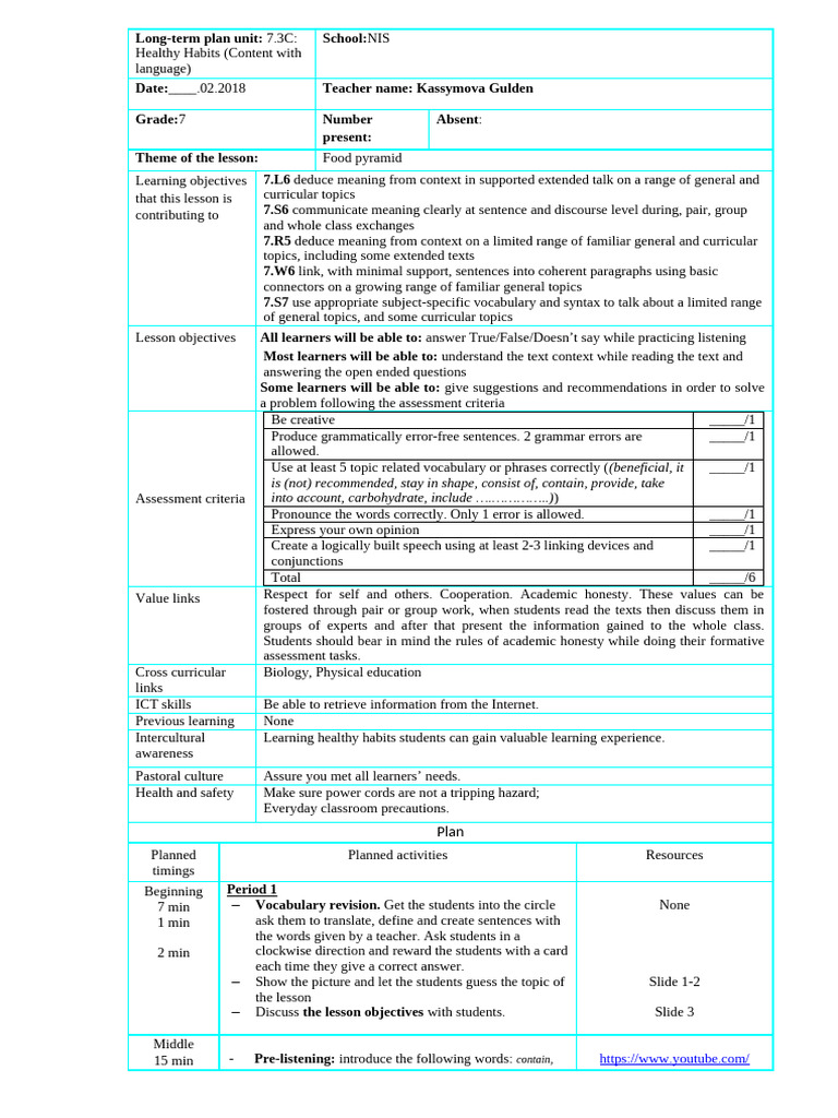 Food Pyramid Lesson Plan for Grade 7 | PDF | Learning | Vocabulary