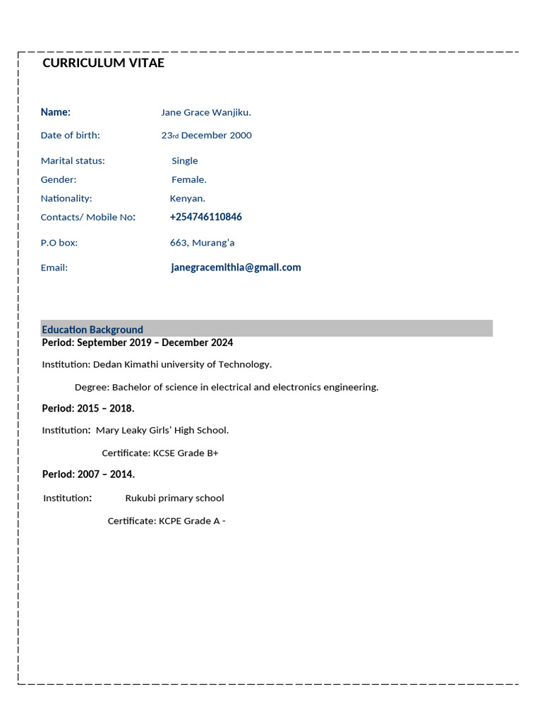 Jane Wanjiku's Engineering CV | PDF