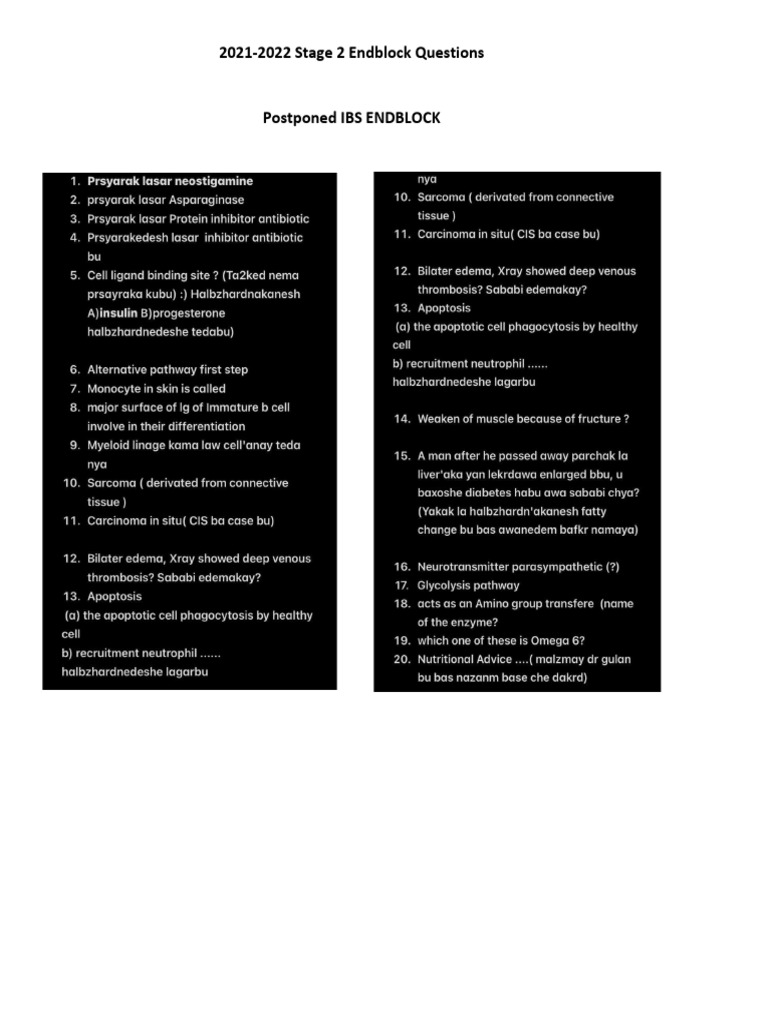 2021-2022 Stage 2 Endblock Questions | PDF | Anemia | Medical Specialties