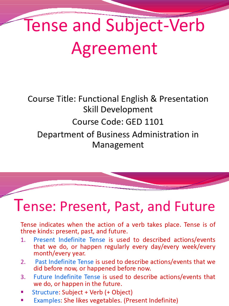 Subject-Verb Agreement in Tenses | PDF | Grammatical Tense | Perfect ...