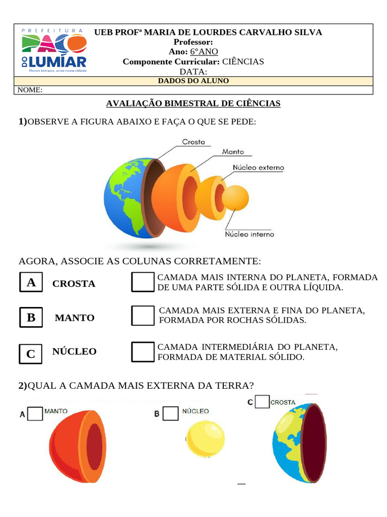 Atividades sobre as Camadas da Terra 6º Ano | PDF