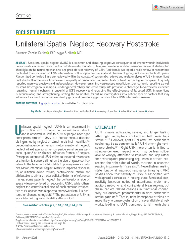 Unilateral Spatial Neglect Recovery Poststroke Pdf Parietal Lobe