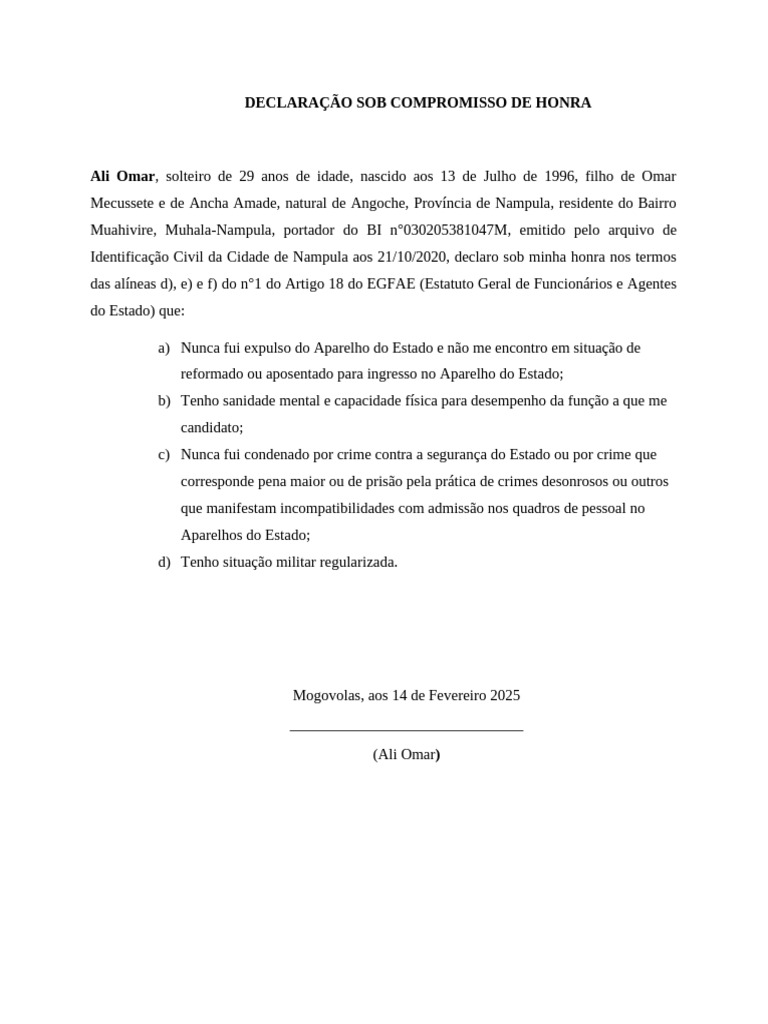 Declaração de Compromisso de Honra | PDF