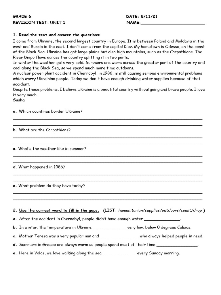 Unit 1 Test Grade 6 | PDF | Albania | Ukraine
