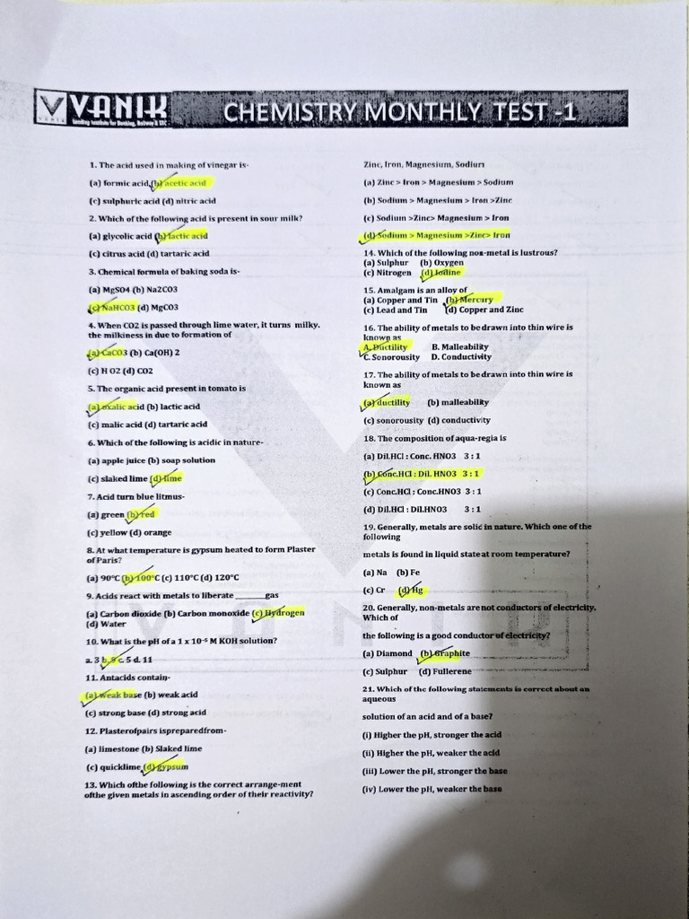 Chemistry Monthly Test Questions | PDF | Acid | Nitric Acid