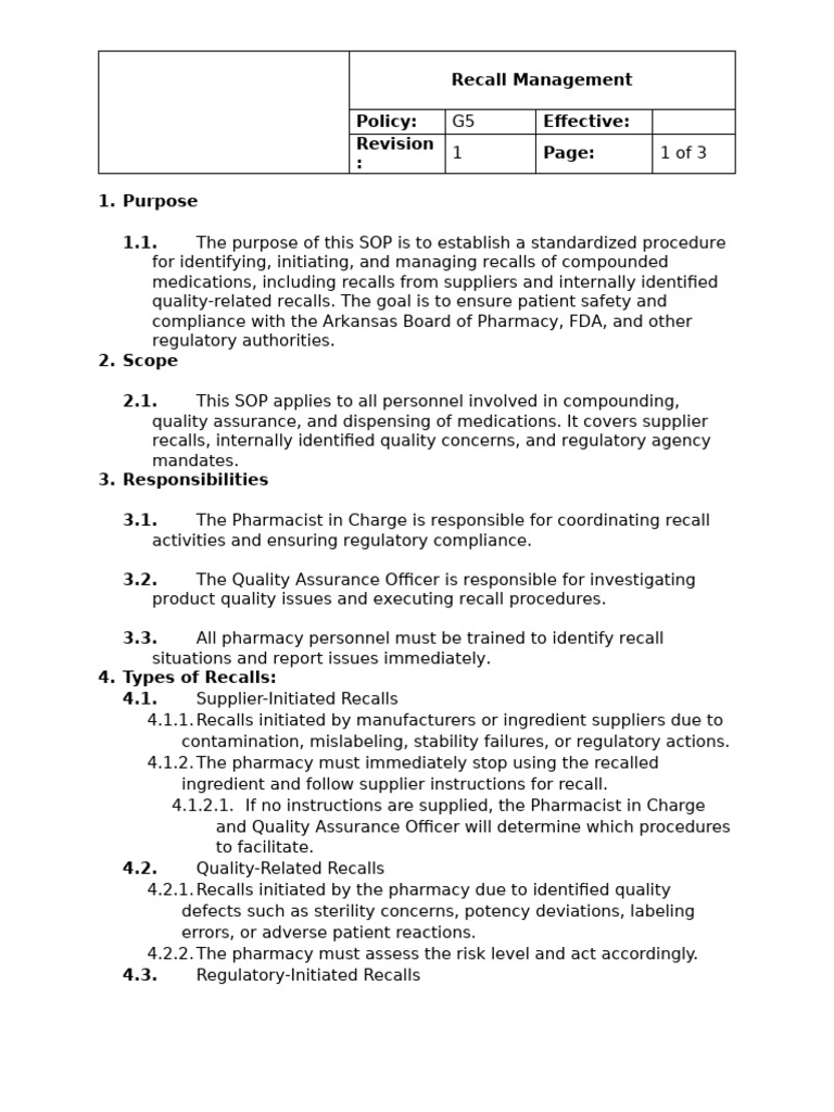 Compounded Medication Recall SOP | PDF | Pharmacy | Health Care