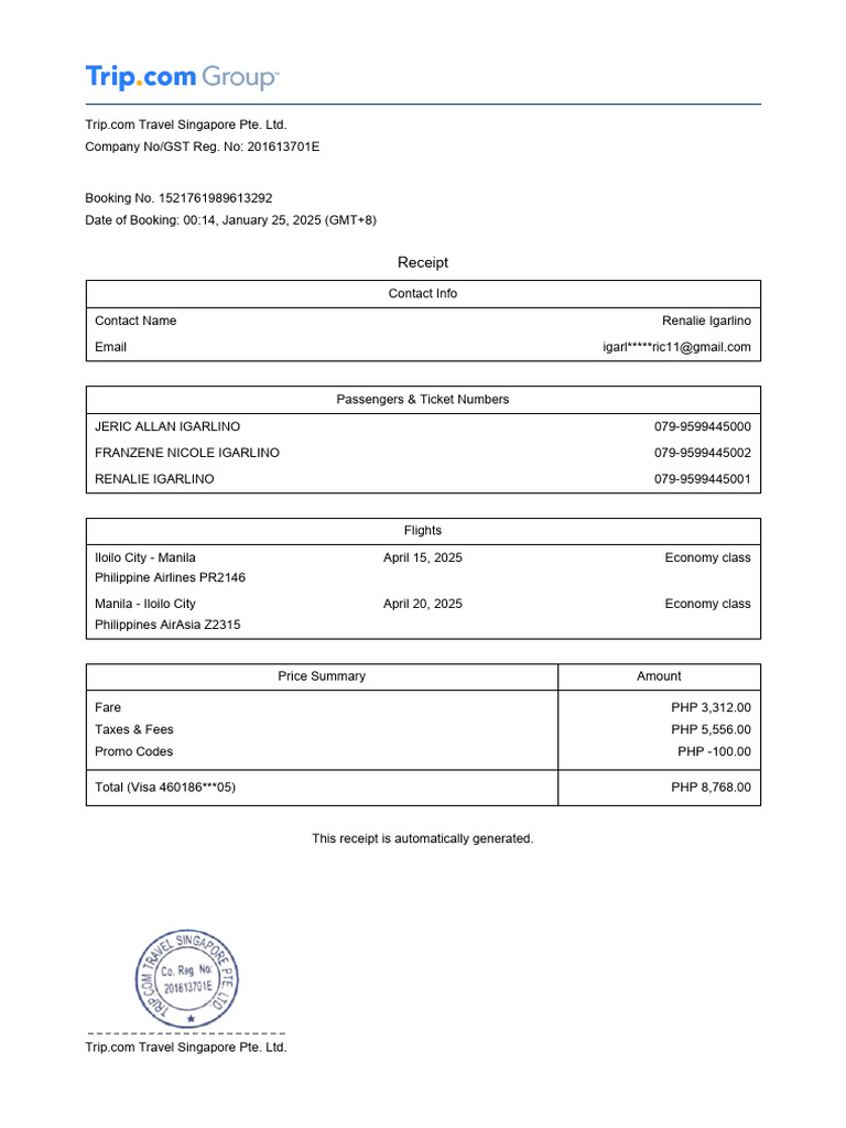 Trip.com E-Receipt Sample | PDF
