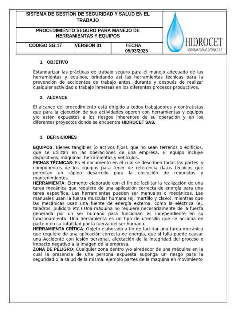 Procedimiento Seguro para Manejo de Herramientas y Equipos | PDF ...