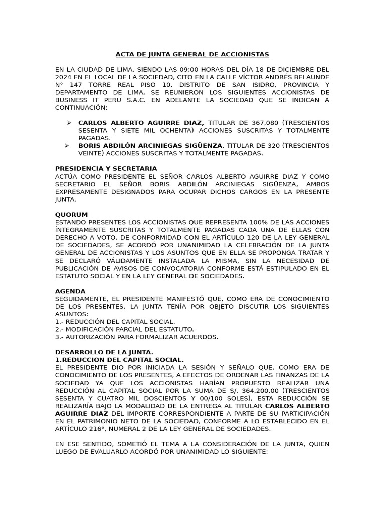 Acta Junta General Accionistas 2024 | PDF