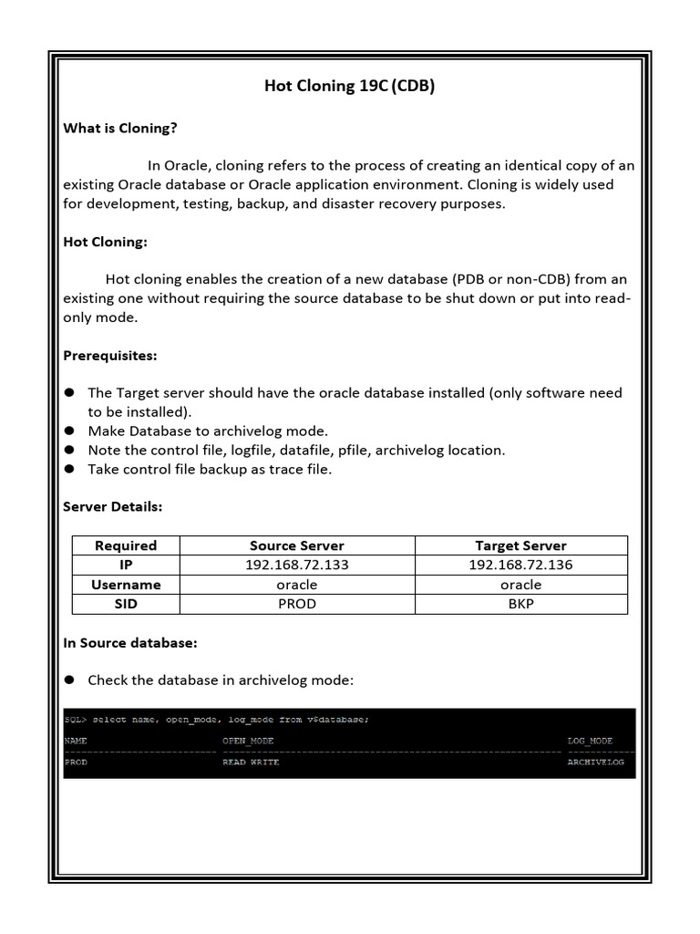 Hot Cloning Process for Oracle DB | PDF | Backup | Databases
