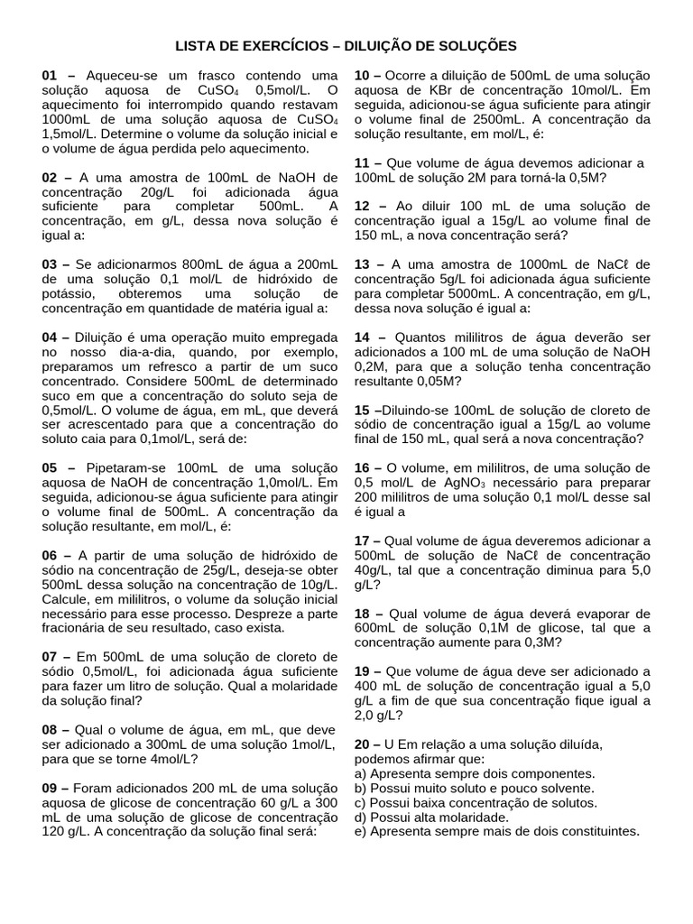 Exercícios de Diluição de Soluções | PDF | Concentração | Fenômenos ...