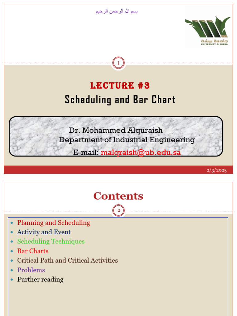 Scheduling and Bar Chart: Lecture #3 | PDF | Project Management | Business
