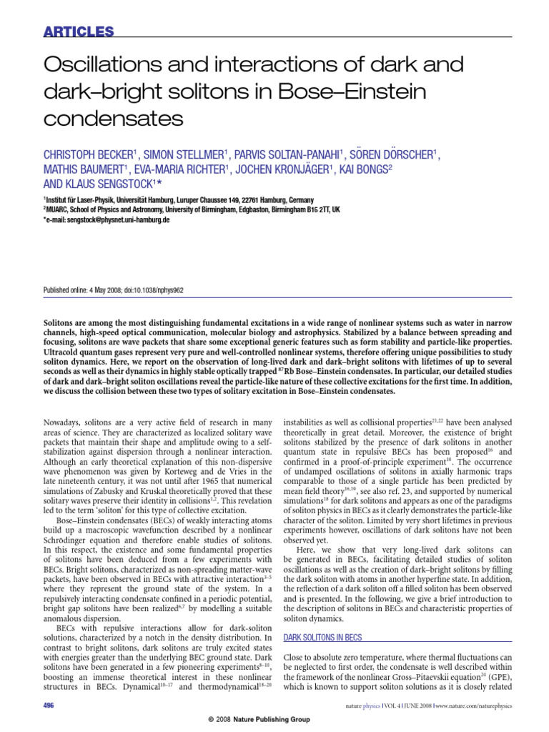 Dark and Dark-Bright Solitons in BECs | PDF | Soliton | Physics