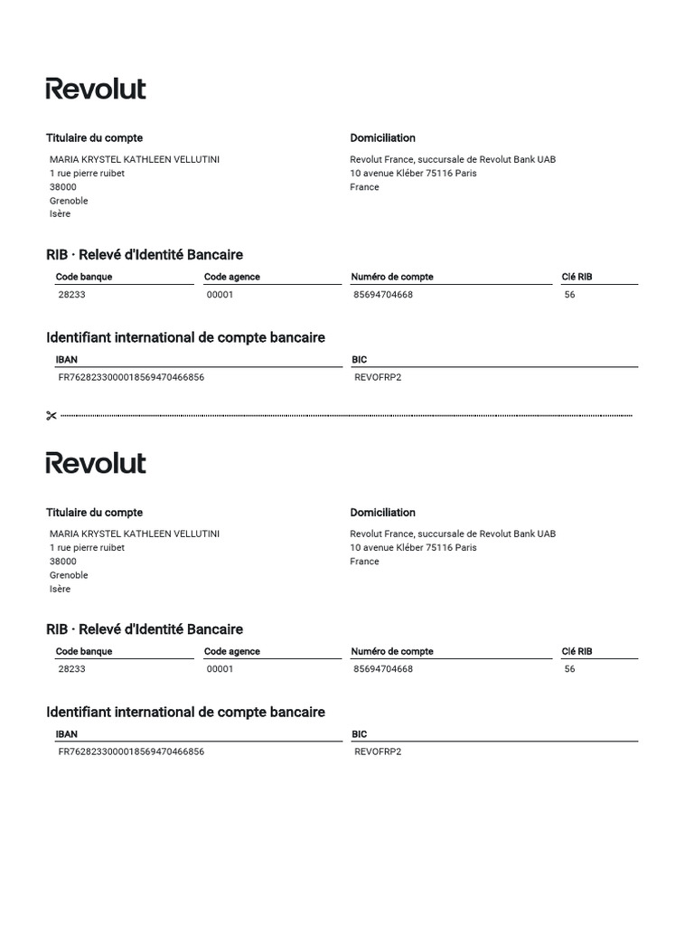 RIB Revolut : Informations et Exemples | PDF