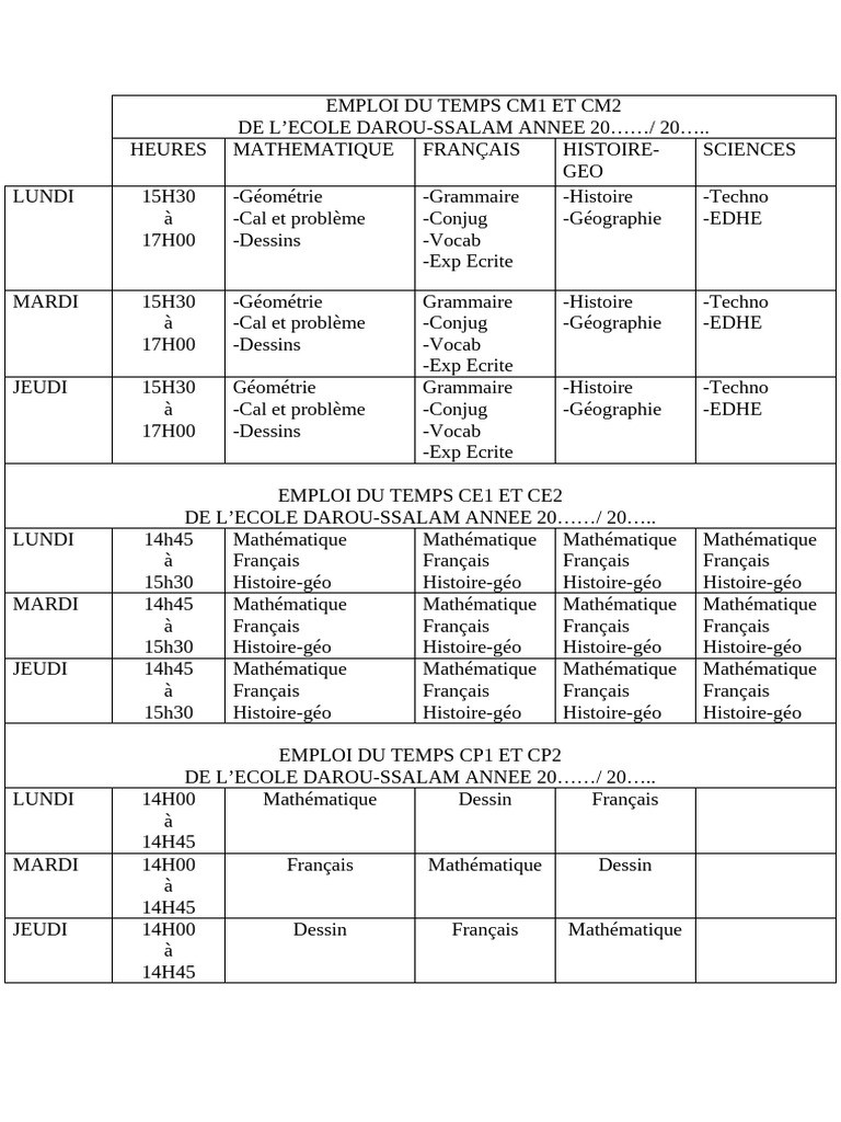 Emploi du temps CM1-CM2 2025-2026 | PDF