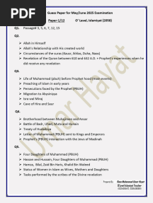 P-1 Islamiyat (2058) Guess Paper for May-June 2025