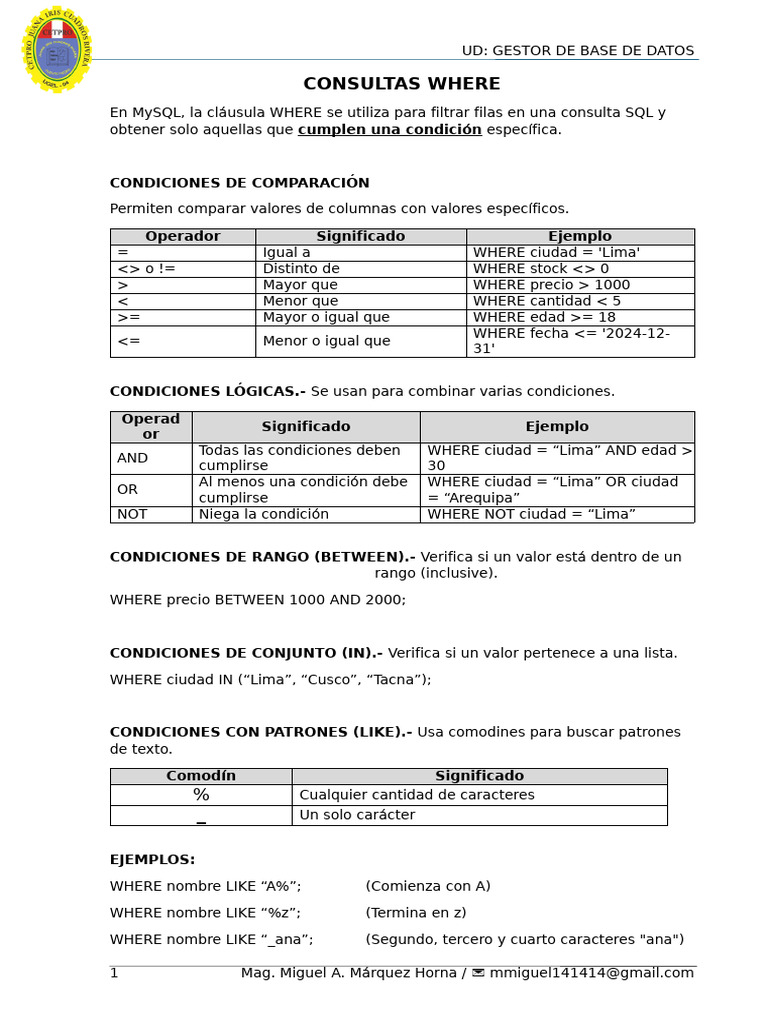 Consultas SQL con cláusula WHERE | PDF | Bases de datos | Gestión de datos