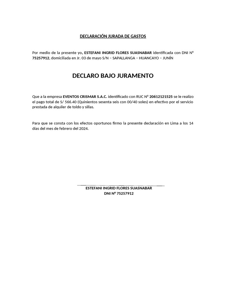Modelo de Declaración Jurada de Gastos | PDF