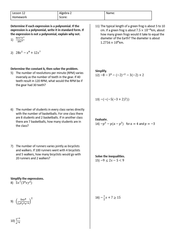 Algebra 2 Homework Lesson 12 | PDF | Algebra | Polynomial