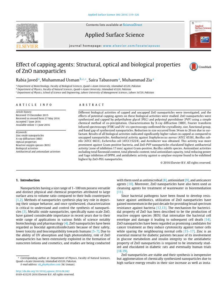 ZnO Nanoparticles: Effects of Capping Agents | PDF | Zinc Oxide ...