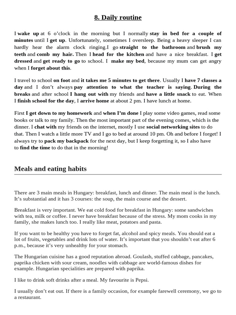 Daily Routine of a Fifth Grader | PDF | Meal | Lunch