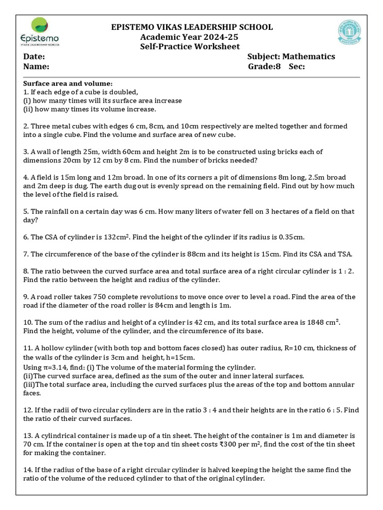 Surface Area and Volume Practice Worksheet | PDF | Area | Surface Area