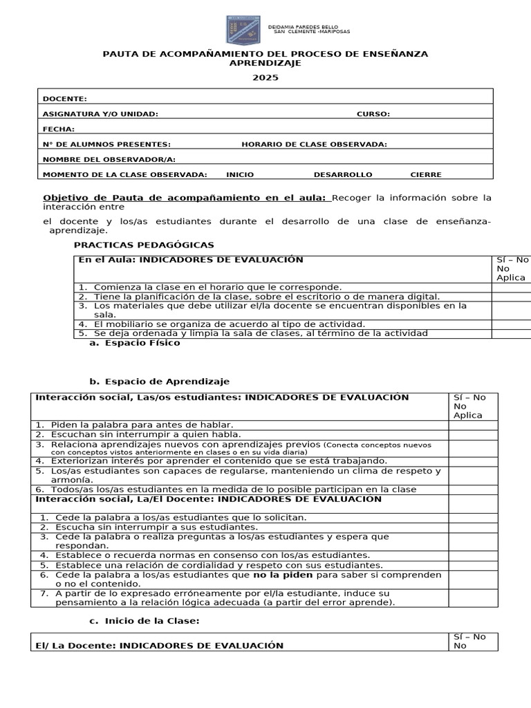 Pauta de Acompañamiento Docente 2025 | PDF | Enseñando | Salón de clases