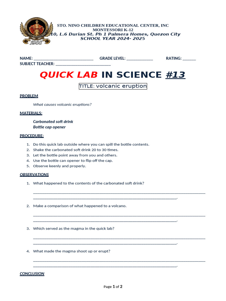 Quick Lab on Volcanic Eruptions | PDF