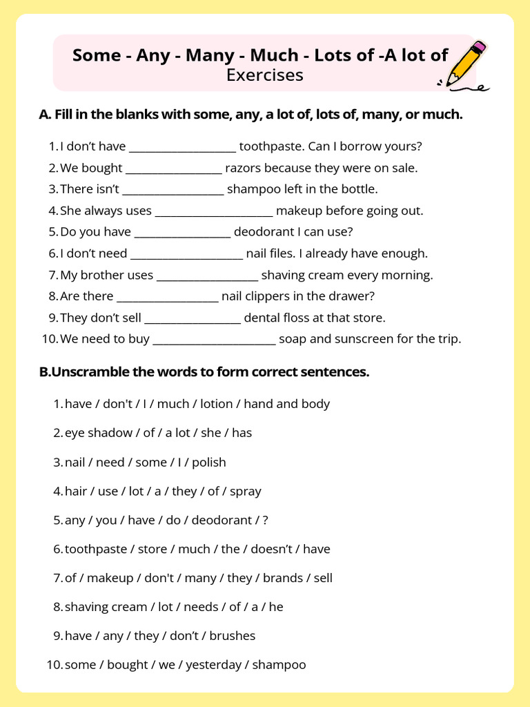Quantifiers Exercise Worksheet | PDF | Shaving | Oral Hygiene