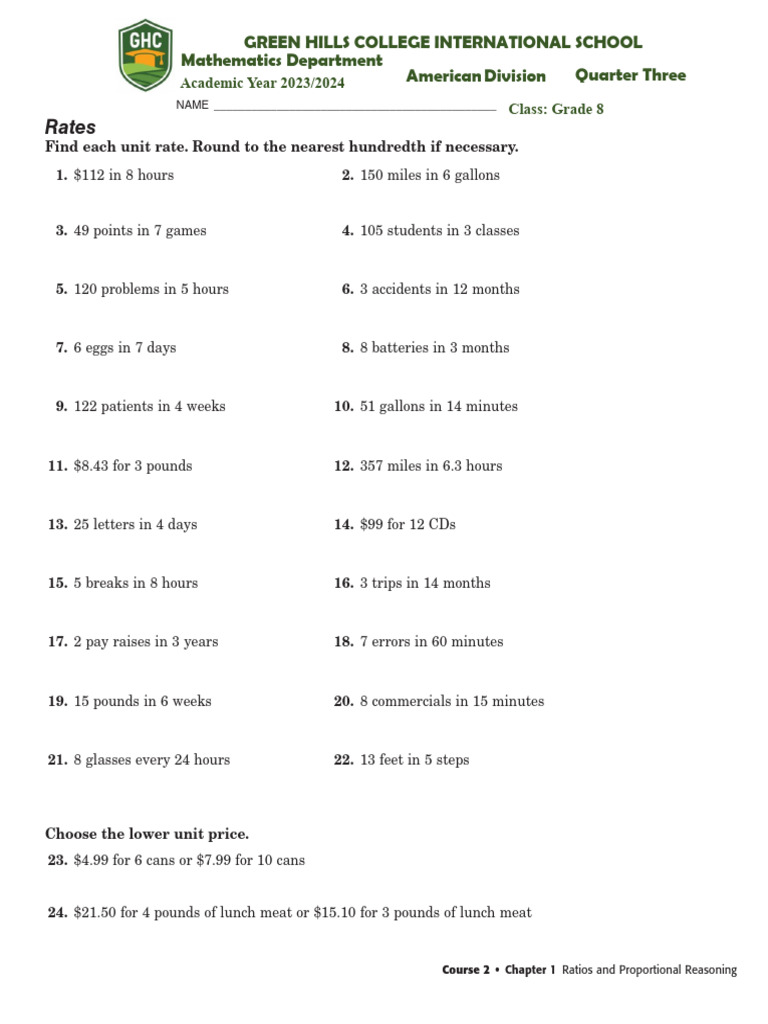 Unit Rates and Comparisons Exercises | PDF