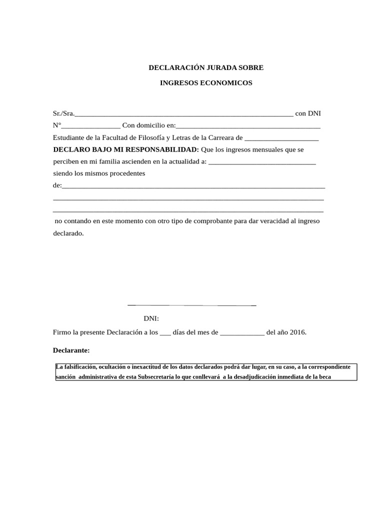 Modelo de Declaración Jurada de Ingresos | PDF