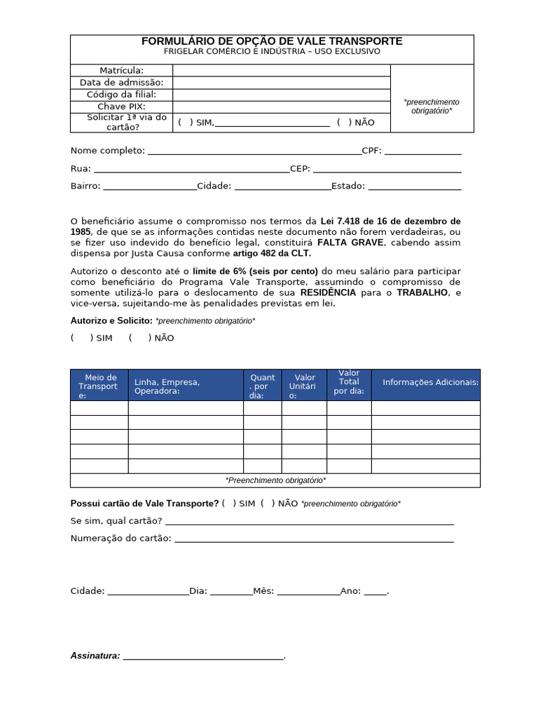 Formulário de Solicitação de Vale Transporte | PDF