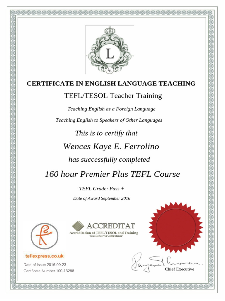TEFL Certificate Award for Wences Kaye E. Ferrolino | PDF