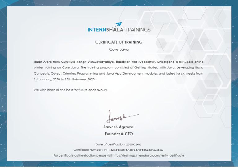 Core Java Training - Certificate of Completion | PDF