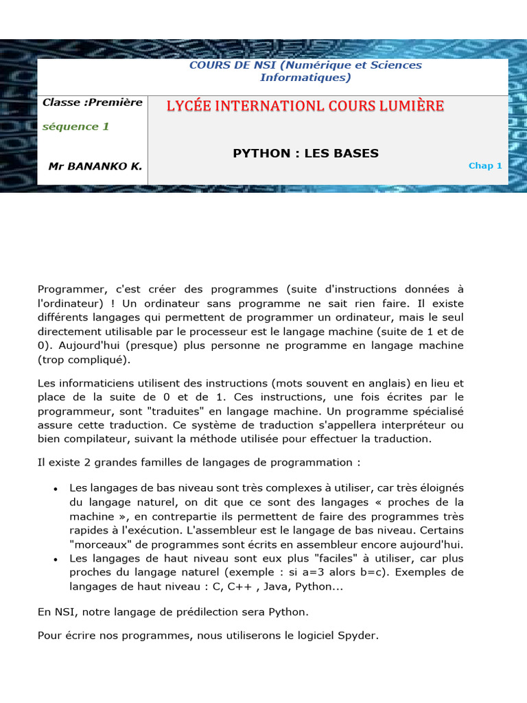 Cours de NSI Première : Introduction à Python | PDF | Langage de ...